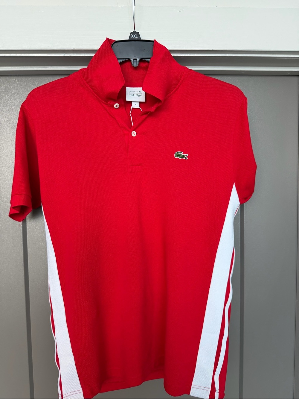 Lacoste Red Polo with White Side Panels and Green Croc